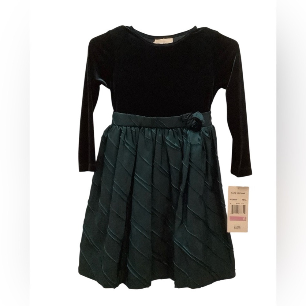 Rare Editions Teal and Navy Velvet Kids Dress